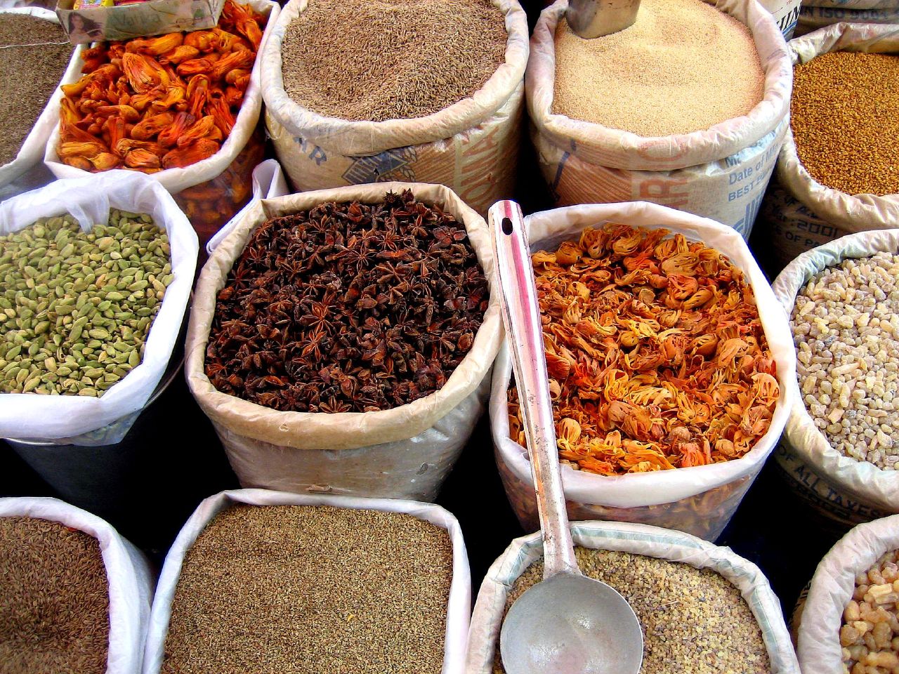 Colorful spices in an Indian market